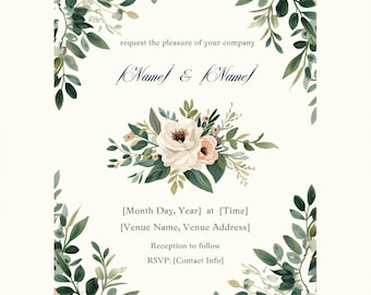 Wedding Invitation Template, Editable Minimalist Sage Greenery Printable Wedding Invite, Modern Elegant Instant Download, Canva