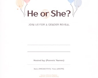 Gender Reveal Invitation Template, Editable Pink or Blue He or She Printable Gender Reveal Party Invite, Instant Download, Canva