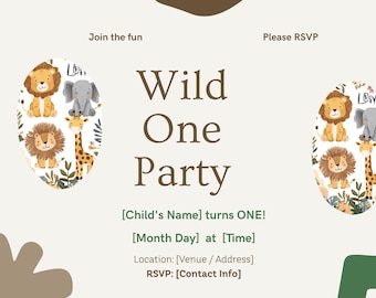 Wild One Birthday Invitation Template, Editable Safari 1st Birthday Printable Jungle First Birthday Invite, Instant Download, Canva