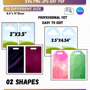 May include: A digital luggage tag Canva template featuring SVG, PNG, JPG, DXF, and PDF file formats. The display shows 10 different sizes on an 8.5 inch by 11 inch sheet, including 2 inch by 3.5 inch and 2.5 inch by 4.54 inch tag designs in two shapes.