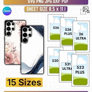 May include: A digital Galaxy phone case template set in SVG, PNG, JPG, DXF, and PDF formats. Includes 15 sizes for models like S26, S26 Plus, 26 Ultra, S20, S21 Ultra, and S22 Plus. Features floral and abstract wave designs on a sheet size of 8.5 x 11 inches.