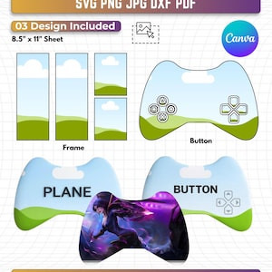 Op de afbeelding: Een digitale gamecontroller-sjabloonset in SVG, PNG, JPG, DXF en PDF-bestandsformaten op een vel van 21,59 cm x 27,94 cm. Het ontwerp bevat kaders, knopindelingen en een controller-afbeelding met een paarse fantasy-karakterillustratie.