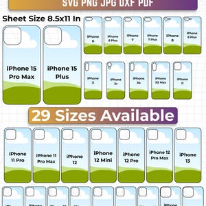 May include: A digital phone case Canva template sheet measuring 8.5x11 inches, featuring 29 distinct phone case outlines for various iPhone models. Each outline displays a blue sky with white clouds and a green grassy landscape graphic.