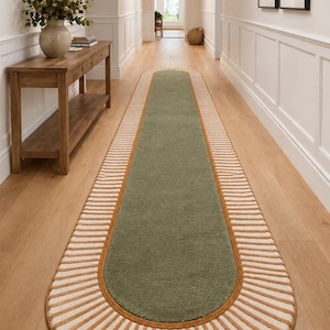 Sage Green Oval Runner, Tufted Hallway Rug, Modern Mid Century Carpet, Striped Border Long Runner, Capsule Shaped Rug, Custom Rug
