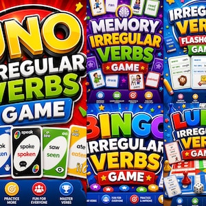 Può includere: Una collezione di giochi educativi sui verbi irregolari che include stili Uno, Memory, Bingo e Ludo. Ogni gioco presenta carte colorate con forme verbali, icone e titoli in grassetto. Il layout include icone didattiche per l'apprendimento.