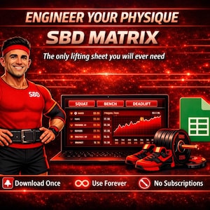 May include: A digital lifting spreadsheet titled SBD MATRIX featuring a laptop displaying squat, bench, and deadlift data, a green spreadsheet icon, and a barbell with red and black athletic shoes against a red glowing background with text.