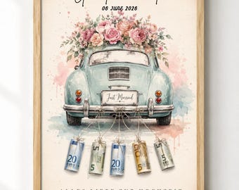 Póster personalizable de regalo de boda en efectivo / Coche de recién casados en acuarela (Descarga en tamaño A4)