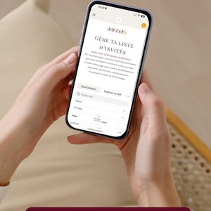 May include: A smartphone displaying a wedding planner application interface titled GÈRE TA LISTE D'INVITÉS. The screen shows a digital guest list management tool with search, export, and status fields, featuring the text WEDDING PLANNER by Comeet.