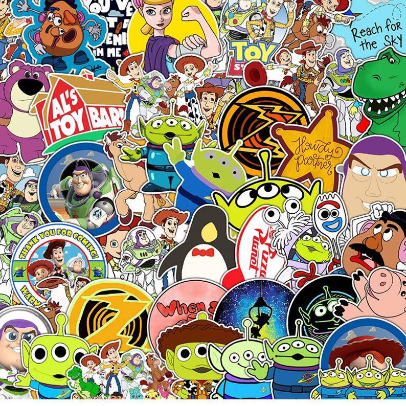 May include: A collection of colorful stickers featuring various characters and logos from the Toy Story franchise, including Buzz Lightyear, Woody, the green aliens, Rex, and Mr. Potato Head, with text elements like Al's Toy Barn and Reach for the Sky.