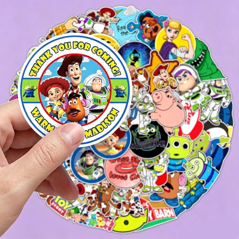 May include: A circular sticker featuring Toy Story characters including Woody, Jessie, Buzz Lightyear, and Mr. Potato Head. The text reads THANK YOU FOR COMING! and WARM MADISON. The sticker is surrounded by a collection of various Toy Story themed stickers.