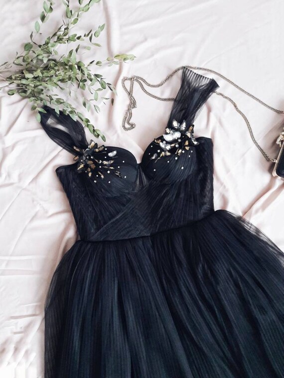 570px x 760px - Black bustier wedding dress with butterflies, midi length, fluffy skirt,  transparent corsage