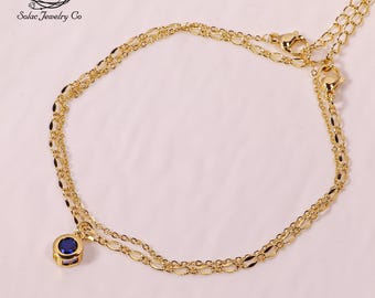 Gold Layered Chain Anklet, Blue CZ Solitaire Anklet, Dainty Double Layer Anklet, Minimalist Foot Jewelry, Gift for Her