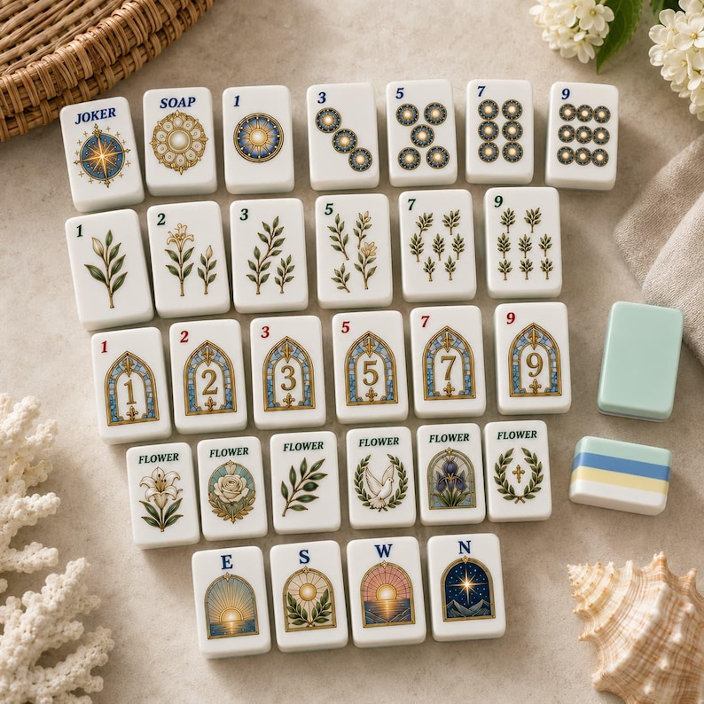 K&ouml;nnte beinhalten: Eine Sammlung wei&szlig;er rechteckiger Mahjong-Spielsteine mit verschiedenen Illustrationen, darunter Zahlen, florale Motive, Buntglasfenster-Designs und Himmelsrichtungen. Die Steine zeigen Texte wie JOKER, SOAP, FLOWER, E, S, W und N.