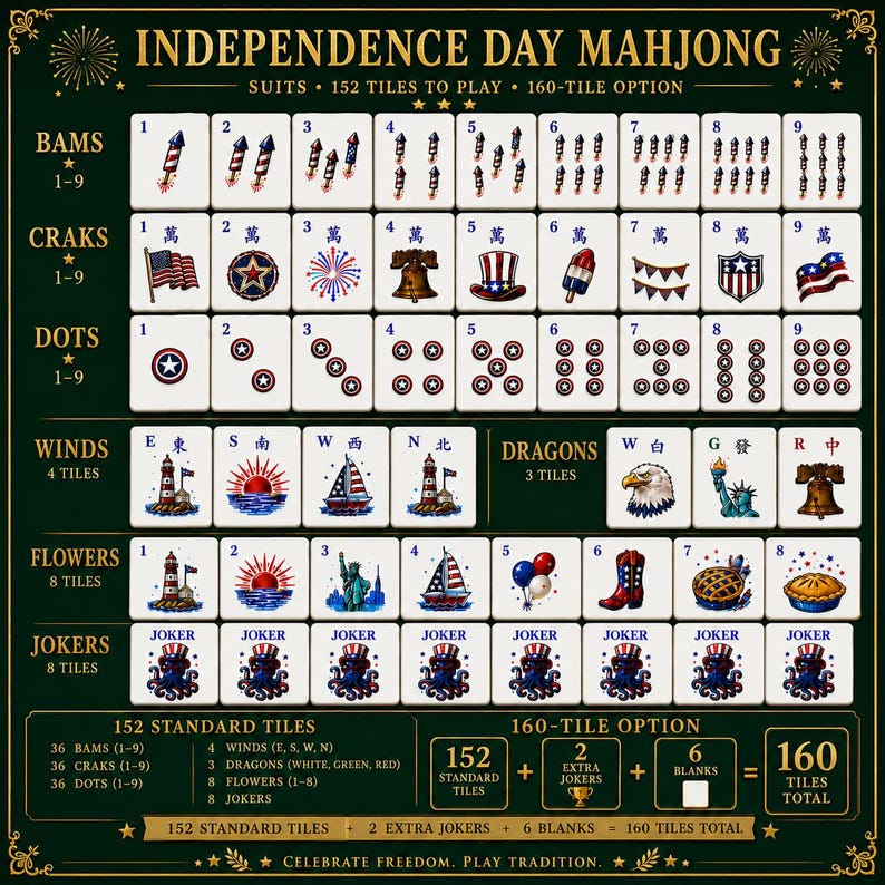 Independence Day American Mah Jongg Set, July 4th Patriotic Acrylic Mahjong Tiles, 152/160 Tile Set image 6