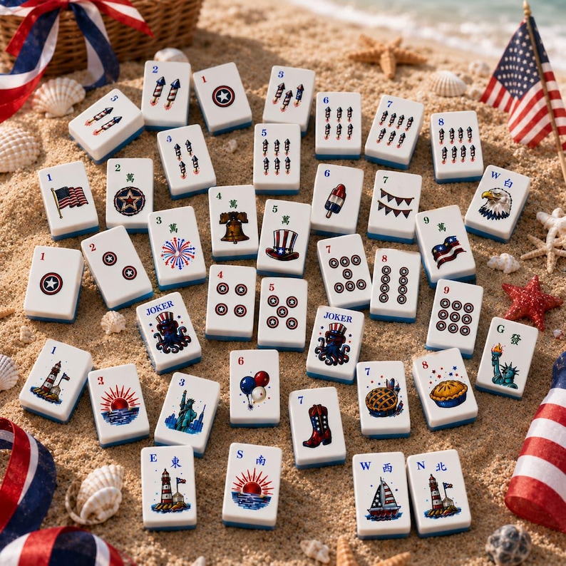 May include: A set of rectangular mahjong tiles featuring patriotic American-themed illustrations, including fireworks, flags, eagles, and landmarks, arranged on a sandy surface with seashells and small American flag decorations nearby.