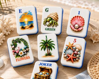 Küstenstrand Amerikanisches Mahjong-Set, Ozean inspirierte Acryl-Mahjong-Fliesen, Mahjong-Set mit blauer Rückseite, 152 oder 160 Fliesen, Geschenk für Mahjong-Liebhaber