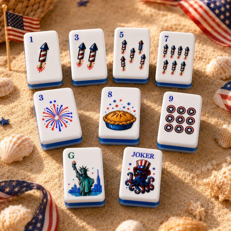 May include: A set of nine white rectangular mahjong tiles featuring patriotic American-themed illustrations. The tiles display fireworks, rockets, a pie, the Statue of Liberty, and a joker octopus, each marked with numbers or the letter G.