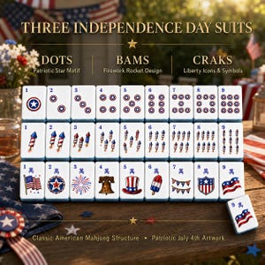 May include: A set of white mahjong tiles featuring red, white, and blue Independence Day designs. The tiles are arranged in three rows labeled Dots, Bams, and Craks, displaying patriotic star motifs, firework rockets, and liberty icons.