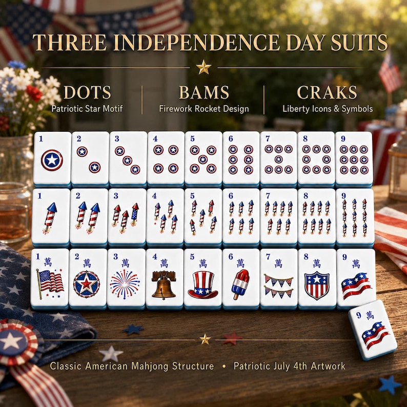 May include: A set of white mahjong tiles featuring red, white, and blue Independence Day designs. The tiles are arranged in three rows labeled Dots, Bams, and Craks, displaying patriotic star motifs, firework rockets, and liberty icons.