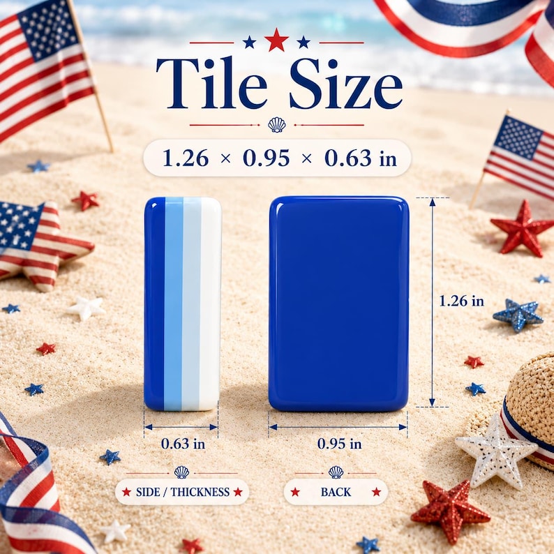 May include: Two rectangular tiles with rounded corners. One tile shows a side view with vertical stripes of dark blue, light blue, and white. The other tile shows a solid dark blue back. Dimensions are labeled as 1.26 x 0.95 x 0.63 inches.