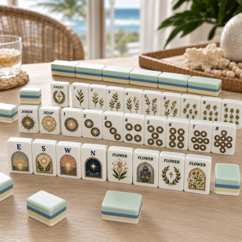 K&ouml;nnte beinhalten: Ein Set aus wei&szlig;en Mahjong-Spielsteinen mit verschiedenen Motiven, darunter botanische Illustrationen, nummerierte Kreise, Himmelsrichtungen E, S, W, N sowie Spielsteine mit der Aufschrift Flower, Joker und Soap. Die Steine haben hellgr&uuml;ne, blaue und gelbe R&auml;nder.