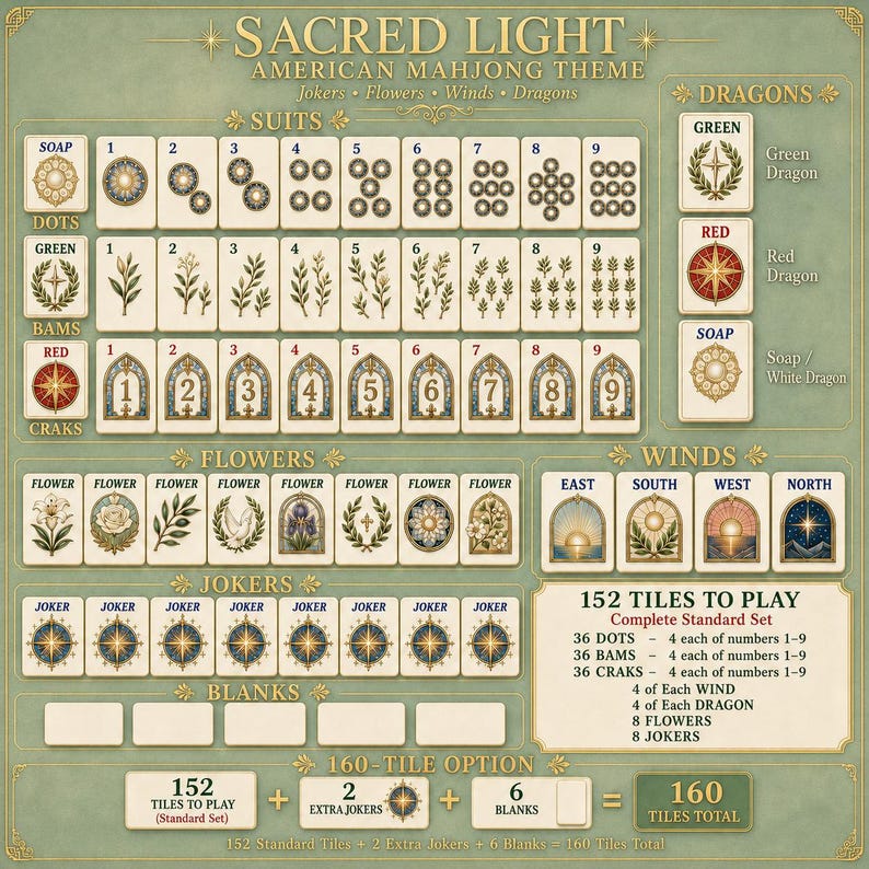 K&ouml;nnte beinhalten: Eine umfassende Referenztabelle f&uuml;r ein amerikanisches Mahjong-Set mit dem Titel Sacred Light. Die Tabelle zeigt Spielsteine f&uuml;r Punkte, Bambus, Zeichen, Blumen, Winde, Drachen und Joker sowie die genauen Anzahlen f&uuml;r das Set.