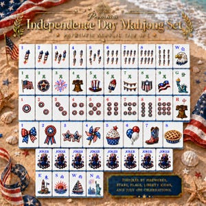 May include: A Mahjong set featuring white acrylic tiles with patriotic Independence Day graphics including fireworks, American flags, eagles, and liberty icons. The tiles display numbers, letters, and illustrations of festive symbols in red, white, and blue.