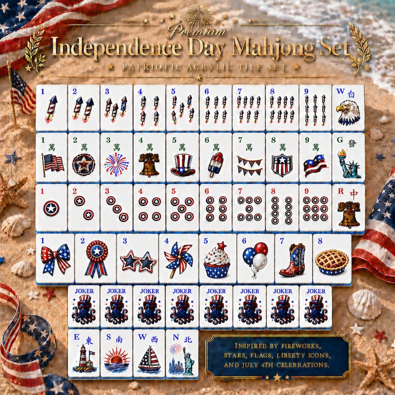 May include: A Mahjong set featuring white acrylic tiles with patriotic Independence Day graphics including fireworks, American flags, eagles, and liberty icons. The tiles display numbers, letters, and illustrations of festive symbols in red, white, and blue.