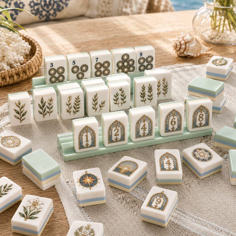 K&ouml;nnte beinhalten: Ein Set aus wei&szlig;en Mahjong-Spielsteinen mit gr&uuml;nen botanischen Illustrationen, blau-goldenen bogenf&ouml;rmigen Zahlendesigns und kreisf&ouml;rmigen Mustern. Einige Steine stehen auf hellgr&uuml;nen Kunststoffhaltern, andere liegen verstreut auf einer texturierten Oberfl&auml;che.