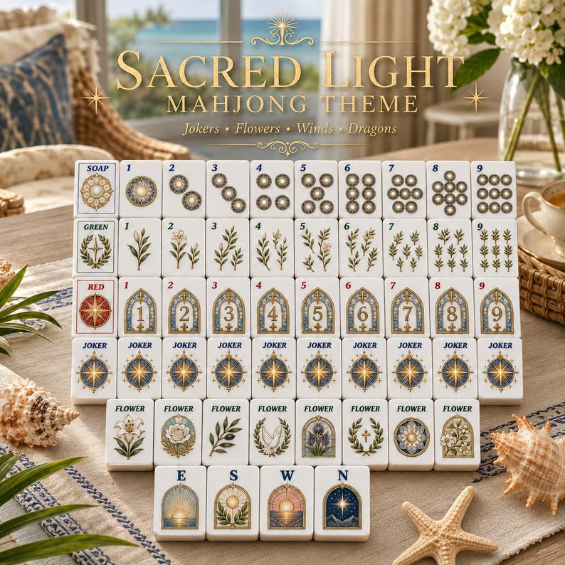 K&ouml;nnte beinhalten: Ein vollst&auml;ndiges Set wei&szlig;er Mahjong-Spielsteine mit detaillierten Illustrationen von Blumen, Winden, Drachen und Jokern. Jeder Spielstein zeigt aufwendige goldene und blaue Designs, einschlie&szlig;lich nummerierter Reihen und floraler Motive.