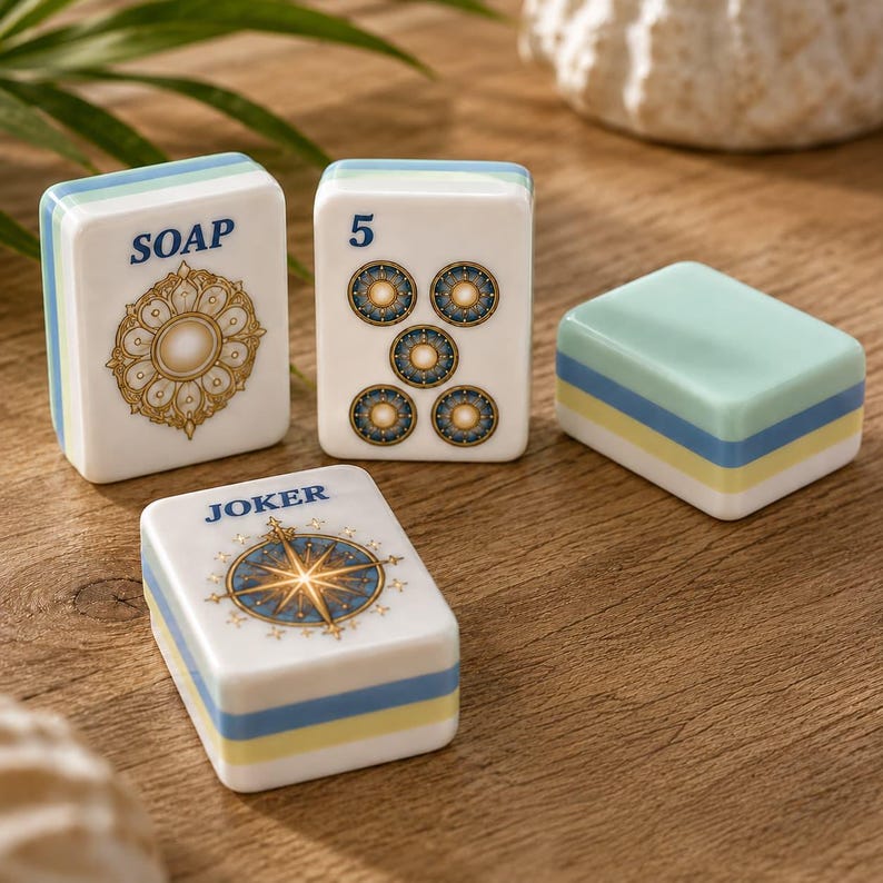 K&ouml;nnte beinhalten: Vier rechteckige Mahjong-Spielsteine mit wei&szlig;en Vorderseiten und geschichteten hellblauen, gelben und wei&szlig;en Seiten. Ein Stein zeigt das Wort SOAP und ein goldenes Blumenemblem, einer die Zahl 5 mit f&uuml;nf kreisf&ouml;rmigen Symbolen und einer JOKER mit einem Kompassstern.