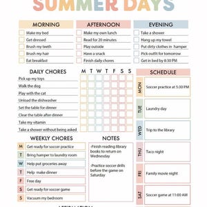 May include: A printable daily planner titled Amelia's SUMMER DAYS featuring sections for morning, afternoon, and evening routines, daily and weekly chores, a weekly schedule, notes, and an affirmation. The layout uses pastel colours and checkboxes.