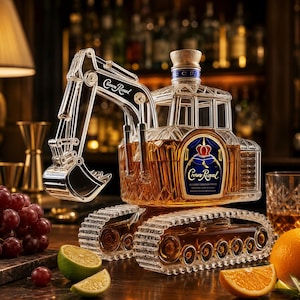 Puede incluir: Una botella de licor de vidrio transparente con forma de excavadora, llena de líquido ámbar. La botella presenta una etiqueta de Crown Royal con un logotipo de corona roja y texto, una base de oruga texturizada y una tapa metálica en la cabina.