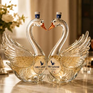May include: Two clear glass decanters shaped like swans, each containing a light-colored liquid. The bottles feature a label with the text GREY GOOSE VODKA FRANCE and a blue cap. The swan figures have detailed molded wings and orange beaks.