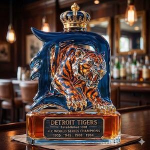 Puede incluir: Un decantador de vidrio con líquido ámbar, que presenta un tigre esculpido dentro de un marco azul en forma de letra D coronado con una corona dorada. La etiqueta dice: DETROIT TIGERS, ESTABLISHED 1901, 4 X WORLD SERIES CHAMPIONS, 1935, 1945, 1968, 1984.