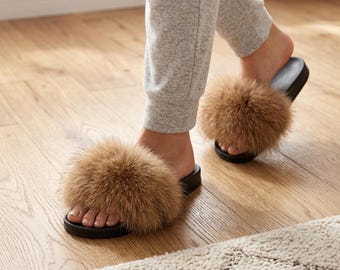 Camel Fluffy Fur Slides, Luxury Single Band Fuzzy Slippers, Glam Winter House Shoes Women US 8 EUR 38-39