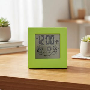 Puede incluir: Un reloj digital cuadrado de color verde lima con una pantalla LCD gris que muestra la hora 12:00 PM, una temperatura de 24 grados Celsius y un nivel de humedad del 55 por ciento. La pantalla también incluye iconos meteorológicos de sol y nubes.