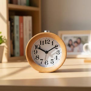 May include: A round analog alarm clock with a light-colored wooden frame and a white face. The clock features black Arabic numerals from one to twelve, black hour and minute hands, and a thin black second hand. A small silver button sits on top.