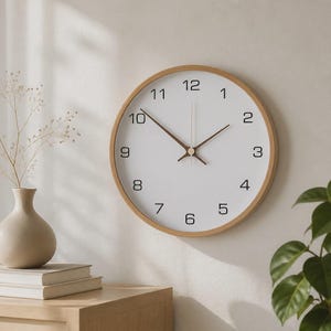 Könnte beinhalten: Eine runde Wanduhr mit einem hellen Holzrahmen und einem weißen Zifferblatt. Die Uhr zeigt schwarze arabische Ziffern von 1 bis 12 sowie dünne schwarze Stunden- und Minutenzeiger und einen dünnen schwarzen Sekundenzeiger in der Mitte des Zifferblatts.