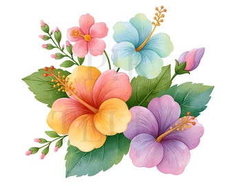 Tropical Hawaiian Luau Party Floral Hibiscus Clipart, Summer Art, High-Quality PNGs, Paper Craft, Junk Journal, Printable Watercolor