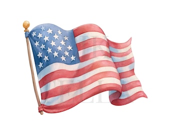 Patriotic American Flag Waving In The Wind Clipart Bundle Graphic, Printable Watercolor, High-Quality PNGs, Paper Craft, Junk Journal