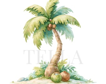 Tropical Summer Beach Palm Tree And Coconuts Clipart, Sunny Decor, High-Quality PNGs, Paper Craft, Junk Journal, Printable Watercolor