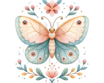 Elegant Spring Butterfly And Delicate Floral Graphics Clipart, Art, Junk Journal, Printable Watercolor, High-Quality PNGs, Paper Craft