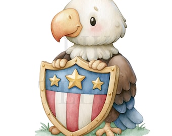 Fourth Of July Bald Eagle And Shield Elements Clipart Bundle Set, Printable Watercolor, High-Quality PNGs, Paper Craft, Junk Journal