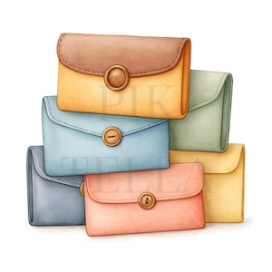 May include: A stack of six rectangular wallets in various pastel colors including brown, yellow, light blue, sage green, and peach. Each wallet features a flap closure secured with a single round button. The illustration has a soft texture.