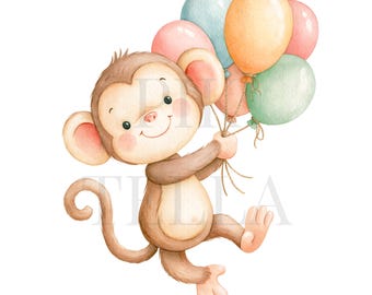 Cute Birthday Monkey Swinging With Party Balloon Clipart Graphics, Paper Craft, Printable Watercolor, Junk Journal, High-Quality PNGs