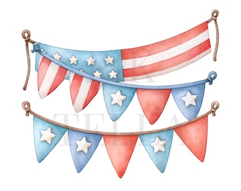 Patriotic Red And Blue Star Bunting Graphics Clipart Bundle Decor, High-Quality PNGs, Junk Journal, Paper Craft, Printable Watercolor
