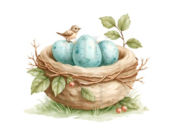 Watercolor Spring Bird Nest With Blue Eggs Clipart, Nature Graphic, High-Quality PNGs, Paper Craft, Junk Journal, Printable Watercolor