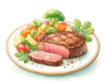 Fresh Grilled Thick Cut Steak And Vegetables Dinner Art Clipart, Printable Watercolor, High-Quality PNGs, Paper Craft, Junk Journal