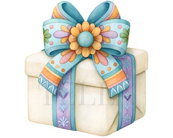 Watercolor Custom Ribbon Wrapped Around Gift Box Graphic Clipart, Junk Journal, Printable Watercolor, High-Quality PNGs, Paper Craft